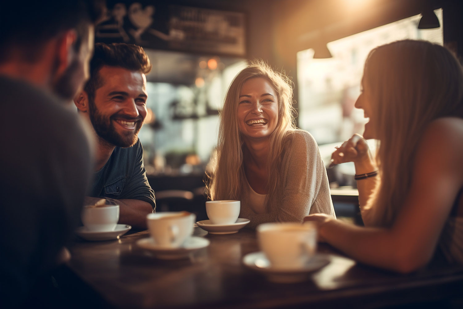 People sharing coffee and conversation in a sunlit café
